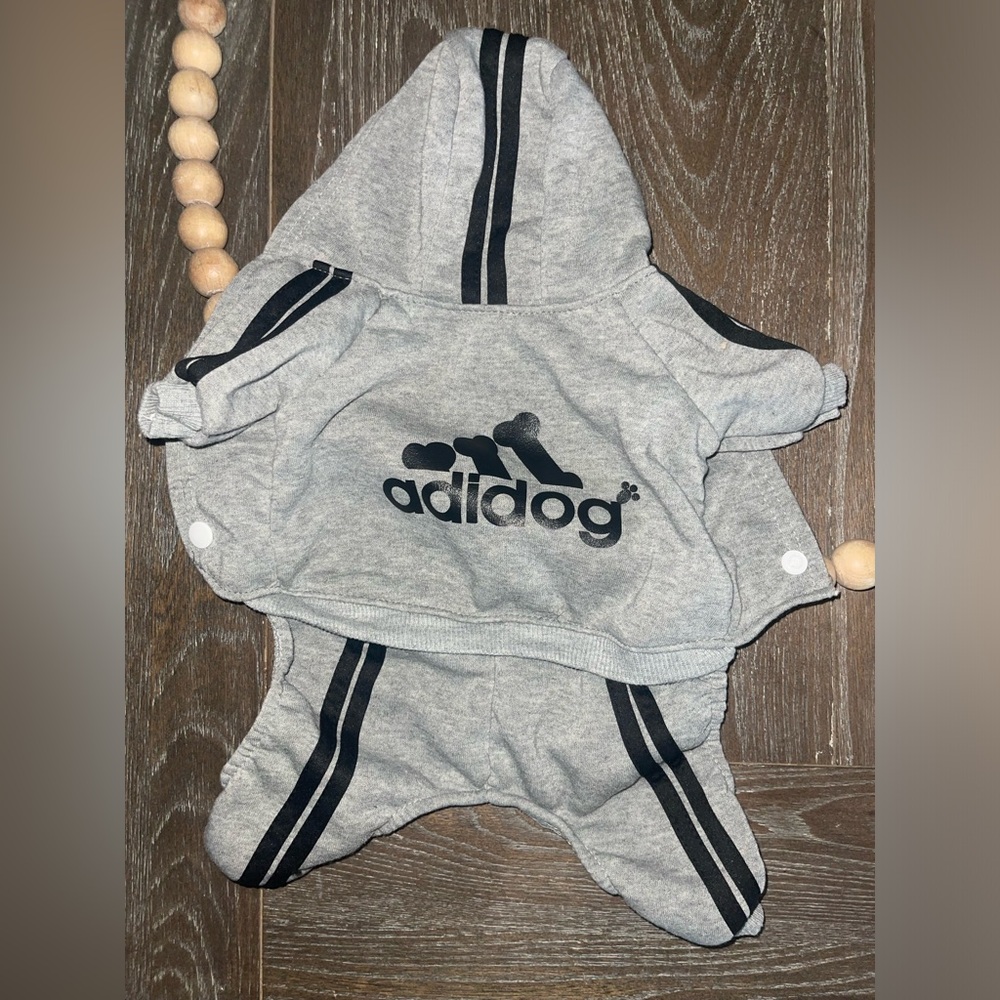 Dog sweatsuit, adidog button up with hood, size medium (6-12 lbs), grey in color